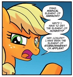 Size: 750x792 | Tagged: safe, artist:tonyfleecs, derpibooru import, idw, applejack, earth pony, pony, friends forever, spoiler:comic, apple, dialogue, female, mare, solo, that pony sure does love apples