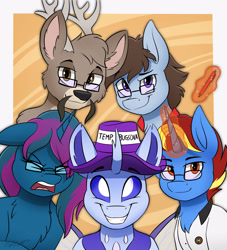 Size: 2900x3190 | Tagged: safe, artist:kaylerustone, derpibooru import, oc, oc only, oc:calor the changeling, oc:pathfindercs, alicorn, changedling, changeling, deer, earth pony, pony, changedling oc, changeling oc, glasses, hat, looking at you, open mouth, pen, smiling, spread wings, wings