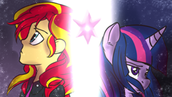 Size: 1280x720 | Tagged: safe, artist:arianalovesyou, derpibooru import, sunset shimmer, twilight sparkle, pony, equestria girls, back to back, bust, duo, element of magic, frown