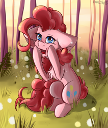 Size: 1500x1766 | Tagged: safe, artist:yuris, derpibooru import, pinkie pie, earth pony, pony, blue eyes, clearing, dandelion, female, forest, grass, open mouth, smiling, solo, solo female, sunset