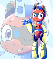 Size: 2000x2200 | Tagged: safe, artist:trackheadtherobopony, derpibooru import, oc, pony, robot, robot pony, semi-anthro, one eye closed, solo, wink, wrench, zoom layer