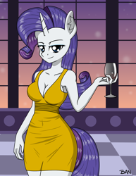 Size: 1858x2403 | Tagged: safe, artist:banquo0, derpibooru import, rarity, anthro, unicorn, alcohol, breasts, cleavage, clothes, dress, female, looking at you, raritits, solo, wine