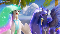 Size: 3840x2160 | Tagged: safe, artist:clopician, derpibooru import, princess celestia, princess luna, alicorn, pony, 3d, 4k, beach, bikini, clothes, food, high res, ice cream, nudity, ocean, palm tree, sunglasses, sweat, sweating profusely, swimsuit, tree, water