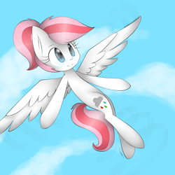 Size: 2300x2300 | Tagged: safe, artist:meotashie, derpibooru import, oc, oc:nimbus, pegasus, pony, female, flying, pegasus oc, smiling, solo, spread wings, wings