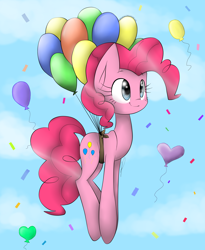 Size: 2300x2800 | Tagged: safe, artist:meotashie, derpibooru import, pinkie pie, earth pony, pony, balloon, female, floating, sky, solo, then watch her balloons lift her up to the sky