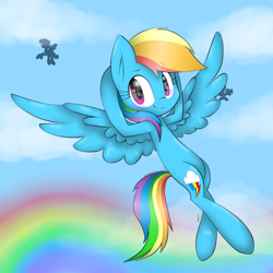 Size: 2300x2300 | Tagged: safe, artist:meotashie, derpibooru import, rainbow dash, pegasus, pony, female, rainbow, sky, solo, solo focus