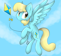 Size: 2500x2300 | Tagged: safe, artist:meotashie, derpibooru import, oc, oc only, pegasus, pony, female, flying, kite, pegasus oc, sky, solo