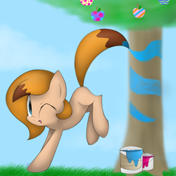 Size: 2300x2300 | Tagged: safe, artist:meotashie, derpibooru import, oc, oc only, oc:brushelle, earth pony, pony, apple, apple tree, bucking, earth pony oc, female, food, one eye closed, paint, paint can, tree, wink