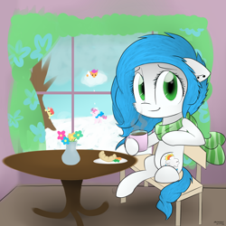 Size: 2300x2300 | Tagged: safe, artist:meotashie, derpibooru import, oc, oc only, earth pony, pony, clothes, earth pony oc, female, scarf, snow, solo focus, winter