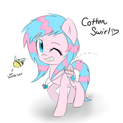 Size: 2300x2300 | Tagged: safe, artist:meotashie, derpibooru import, oc, oc only, oc:cotton swirl, bee, insect, pegasus, grin, one eye closed, pegasus oc, pet, simple background, smiling, white background, wink