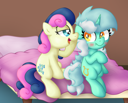 Size: 2843x2291 | Tagged: safe, artist:background basset, derpibooru import, bon bon, lyra heartstrings, sweetie drops, earth pony, pony, unicorn, bed, bedroom eyes, blushing, duo, duo female, female, lesbian, lyrabon, mare, raised hoof, raised leg, shipping, sitting, whispering