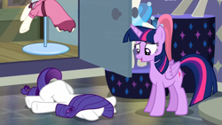 Size: 1920x1080 | Tagged: safe, derpibooru import, screencap, rarity, twilight sparkle, twilight sparkle (alicorn), alicorn, pony, unicorn, the saddle row review, clothes, description is relevant, detailed background, door, dress, faceplant, female, mannequin, mare, rarity for you