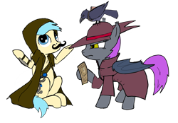 Size: 3353x2335 | Tagged: safe, artist:sprontr, derpibooru import, oc, oc:iris, oc:whisperwind, bat pony, bird, pegasus, pony, raven (bird), bandolier, bounty hunter, clothes, duo, fake moustache, fantasy class, female, hat, male, rogue, simple background, sword, transparent background, trenchcoat, wanted poster, weapon