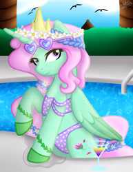 Size: 3000x3885 | Tagged: safe, artist:princessmoonsilver, derpibooru import, oc, oc:spring breeze, alicorn, pony, clothes, commission, glasses, hind legs, solo, summer, sunglasses, swimming pool, swimsuit, ych result, your character here