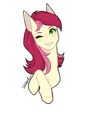 Size: 750x1000 | Tagged: safe, alternate version, artist:purplegrim40, derpibooru import, roseluck, earth pony, pony, bust, female, looking at you, mare, one eye closed, signature, simple background, smiling, smiling at you, solo, white background, wink, winking at you