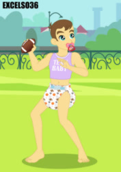 Size: 661x935 | Tagged: safe, artist:excelso36, part of a set, teddy t. touchdown, human, equestria girls, abdl, barefoot, belly button, canterlot high, clothes, diaper, diaper fetish, football, male, male feet, midriff, non-baby in diaper, pacifier, solo, sports