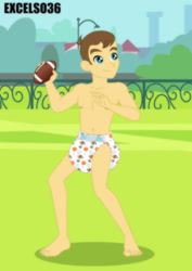 Size: 661x935 | Tagged: safe, artist:excelso36, part of a set, teddy t. touchdown, human, equestria girls, abdl, barefoot, belly button, canterlot high, diaper, diaper fetish, football, male, male feet, male nipples, non-baby in diaper, solo, sports