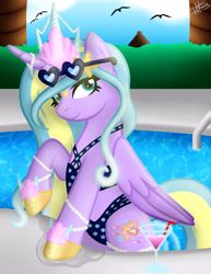 Size: 3000x3885 | Tagged: safe, artist:princessmoonsilver, derpibooru import, oc, oc:summer breeze, alicorn, pony, alicorn oc, clothes, commission, glasses, hind legs, horn, solo, summer, sunglasses, swimming pool, swimsuit, wings, ych result, your character here