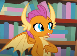 Size: 1049x760 | Tagged: safe, derpibooru import, screencap, smolder, dragon, the hearth's warming club, bookshelf, cropped, dragoness, female, raised eyebrow, solo