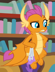 Size: 632x818 | Tagged: safe, derpibooru import, screencap, smolder, dragon, season 8, the hearth's warming club, spoiler:s08, bookshelf, cropped, dragoness, female, hand on hip, raised eyebrow, solo