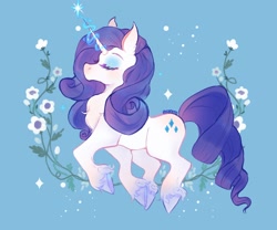 Size: 2048x1707 | Tagged: safe, artist:sonira24, derpibooru import, rarity, alicorn, pony, eyes closed, flower, magic, solo, unshorn fetlocks