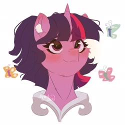 Size: 2048x2048 | Tagged: safe, artist:mikkybun, derpibooru import, twilight sparkle, twilight sparkle (alicorn), alicorn, butterfly, pony, alternate hairstyle, blushing, bust, female, looking up, mare, simple background, smiling, solo, white background
