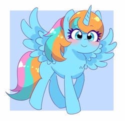 Size: 1080x1047 | Tagged: safe, artist:leo19969525, derpibooru import, oc, oc only, alicorn, pony, alicorn oc, blue background, blue eyes, blushing, female, hair, horn, looking at you, mane, mare, simple background, smiling, smiling at you, solo, spread wings, tail, walking, wings