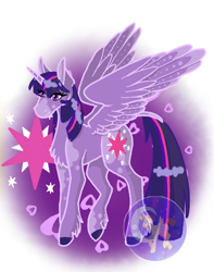 Size: 406x516 | Tagged: safe, artist:luna_mcboss, derpibooru import, twilight sparkle, twilight sparkle (alicorn), alicorn, pony, fallout equestria, artificial alicorn, chest fluff, coat markings, cutie mark, feathered fetlocks, feathered wings, hooves, horn, long legs, long tail, purple alicorn (fo:e), purple background, purple coat, purple eyes, purple mane, simple background, solo, spread wings, tail, wings