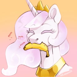 Size: 1080x1080 | Tagged: safe, artist:anoraknr, derpibooru import, princess celestia, alicorn, pony, :3, banana, bananalestia, food, happy, mouth hold, nom, pink-mane celestia, smiling, solo