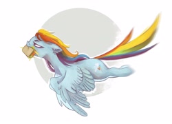 Size: 4300x3100 | Tagged: safe, artist:colorbrush, derpibooru import, rainbow dash, pegasus, pony, abstract background, flying, food, mouth hold, sandwich, simple background, solo, tired, white background