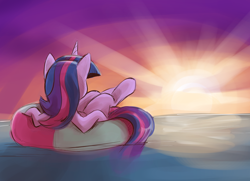 Size: 2238x1620 | Tagged: safe, artist:saturdaymorningproj, derpibooru import, twilight sparkle, twilight sparkle (alicorn), alicorn, pony, digital art, facing away, female, inner tube, lying down, mare, ocean, on back, solo, sunset, water