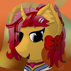 Size: 3000x3000 | Tagged: safe, artist:spiroudada, derpibooru import, oc, oc:dolly hooves, oc:silk glove, pony, unicorn, bow, bust, clothes, collar, crossdressing, cute, leaf, male, portrait, school, school uniform, september, smiling, stallion