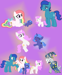 Size: 5666x6902 | Tagged: safe, artist:lillyleaf101, derpibooru import, princess celestia, princess luna, star swirl the bearded, pony, g1, g2, g4, absurd resolution, cewestia, female, filly, foal, g1 to g4, g2 to g4, generation leap, magic, prince blue dream, starshine (g1), story included, woona, younger