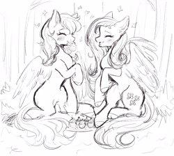 Size: 2048x1835 | Tagged: safe, artist:oatmeals_, derpibooru import, fluttershy, rainbow dash, pegasus, pony, cupcake, duo, eyes closed, food, happy, monochrome, mouth hold, sketch, sparkles