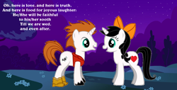 Size: 1024x521 | Tagged: safe, artist:crawfordjenny, derpibooru import, pony, boots, bow, clothes, crossover, cute, female, frederic (pirates of penzance), gilbert and sullivan, hair bow, lyrics, mabel (pirates of penzance), male, ponified, shipping, shoes, song reference, straight, text, the pirates of penzance, tree, unshorn fetlocks, vest