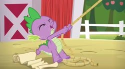 Size: 2732x1518 | Tagged: safe, derpibooru import, screencap, spike, dragon, applejack's "day" off, season 6, eyes closed, list, male, pulling, rope, solo