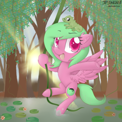 Size: 2300x2300 | Tagged: safe, artist:meotashie, derpibooru import, oc, oc only, lizard, pegasus, pony, female, lilypad, pegasus oc, solo, swamp, tree, vine, water