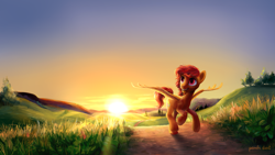 Size: 3021x1700 | Tagged: safe, artist:kaermter, derpibooru import, oc, oc only, oc:alios, pegasus, pony, facial hair, male, open mouth, open smile, running, scenery, smiling, solo, spread wings, stallion, sunset, wings