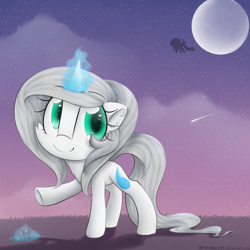 Size: 2300x2300 | Tagged: safe, artist:meotashie, derpibooru import, oc, oc only, pony, unicorn, female, glowing, glowing horn, horn, moon, shooting star, smiling, solo, unicorn oc