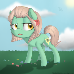 Size: 2300x2300 | Tagged: safe, artist:meotashie, derpibooru import, oc, oc only, oc:marilee, earth pony, pony, cheek fluff, earth pony oc, grass, solo