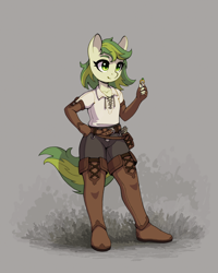 Size: 3200x4000 | Tagged: safe, artist:asimos, derpibooru import, oc, oc only, oc:karakusa, anthro, plantigrade anthro, belt, boots, clothes, female, filly, fingerless gloves, foal, gloves, long gloves, loot, ring, shoes, smiling, solo, thigh boots
