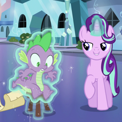 Size: 1080x1080 | Tagged: safe, derpibooru import, screencap, spike, starlight glimmer, dragon, pony, unicorn, season 6, the crystalling, cropped, duo, female, glowing, glowing horn, horn, magic, male, mare, telekinesis