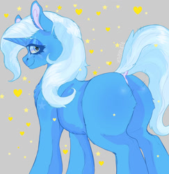 Size: 1280x1315 | Tagged: safe, artist:leparva, derpibooru import, trixie, pony, unicorn, butt, looking at you, looking back, looking back at you, simple background, smiling, stars, the great and powerful ass