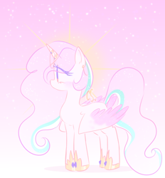 Size: 1216x1312 | Tagged: safe, artist:cutiesparke, derpibooru import, princess celestia, alicorn, folded wings, gradient background, gradient mane, horn, horn jewelry, jewelry, looking sideways, pink background, pink-mane celestia, regalia, simple background, solo, standing, stars, sun, two-toned wings, wings, young celestia