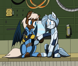 Size: 2070x1740 | Tagged: safe, artist:derpanater, derpibooru import, oc, oc:doll-e, oc:lug nut, bat pony, pony, robot, aircraft, amputee, android, bat pony oc, commission, couple, cute, fire extinguisher, looking at each other, looking at someone, prosthetic limb, prosthetics, radio, sitting, wrench