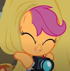 Size: 521x528 | Tagged: safe, derpibooru import, screencap, scootaloo, parental glideance, bed sheets, camera, cropped, cute, cutealoo, eyes closed, smiling, solo