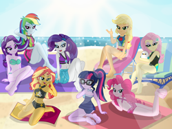 Size: 4000x3000 | Tagged: safe, artist:emeraldblast63, derpibooru import, applejack, fluttershy, pinkie pie, rainbow dash, rarity, sci-twi, starlight glimmer, sunset shimmer, twilight sparkle, equestria girls, bare shoulders, barefoot, beach, beach chair, beach towel, belly button, bikini, breasts, chair, cleavage, clothes, feet, humane five, humane seven, humane six, lying down, midriff, prone, sleeveless, sunset shimmer's beach shorts swimsuit, swimsuit, the pose