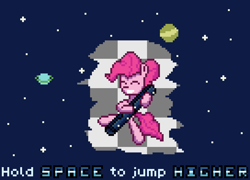 Size: 952x686 | Tagged: safe, artist:nitobit, derpibooru import, pinkie pie, earth pony, pony, female, mare, pixel art, planet, pun, solo, space, stars, text