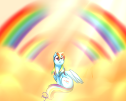 Size: 1024x819 | Tagged: safe, artist:lethalauroramage, derpibooru import, rainbow dash, pegasus, pony, cloud, double rainbow, female, looking up, mare, on a cloud, rainbow, sitting, solo