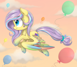 Size: 2300x2000 | Tagged: safe, artist:meotashie, derpibooru import, oc, oc only, oc:stardust, pegasus, pony, balloon, cloud, colored wings, female, flying, mare, multicolored wings, pegasus oc, rainbow power, smiling, wings